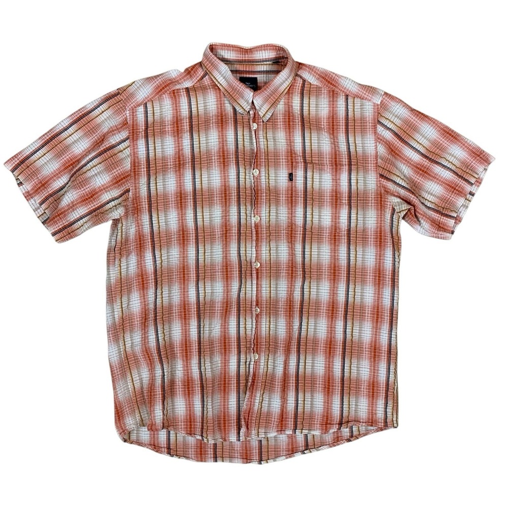 Engbers Coral Plaid Button Shirt Textured Cotton Short Sleeve XL Men's